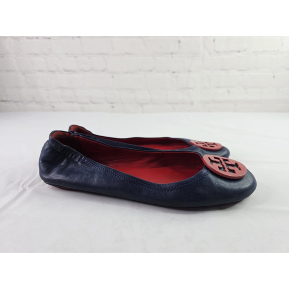 Tory Burch Minnie Travel Ballet Flats Navy Napa leather/ Nantucket Red Size 9.5 - Picture 2 of 7